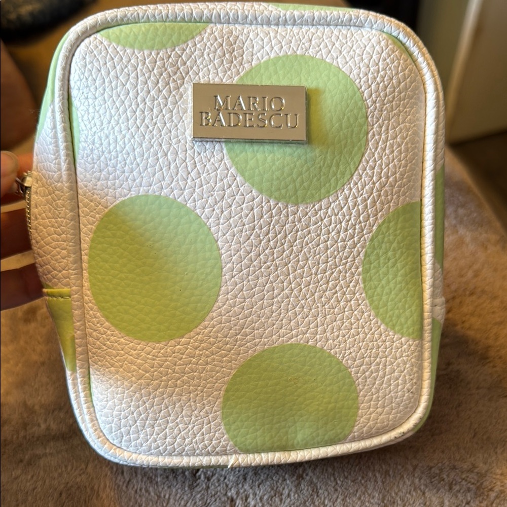 Like New Mario Badescu White and Light Green Dot lined Cosmetic Square Bag